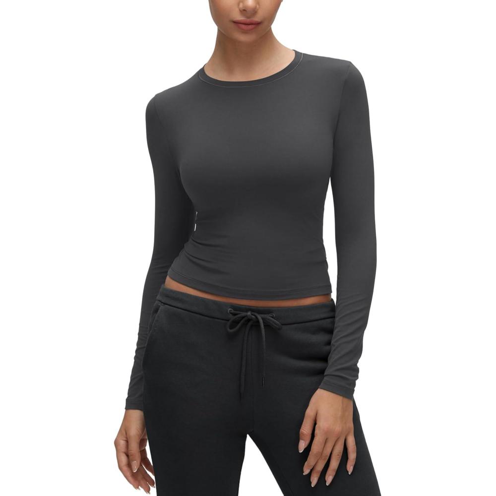 imageCRZ YOGA Softembrace Long Sleeve Shirts for Women Soft Crew Neck Fall Basic Tight Tops Fitted Casual Going Out TShirtsMysterious Grey