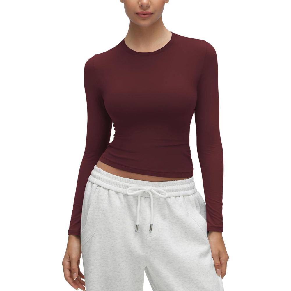 imageCRZ YOGA Softembrace Long Sleeve Shirts for Women Soft Crew Neck Fall Basic Tight Tops Fitted Casual Going Out TShirtsRed Merlot