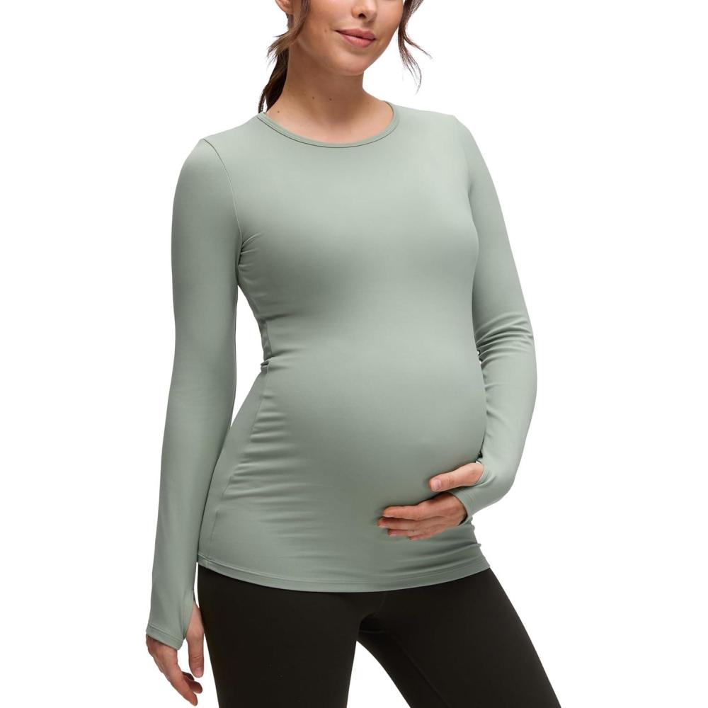 imageCRZ YOGA Womens Butterluxe Long Sleeve Maternity Tops Crewneck Pregnancy Basic Shirts Soft Athletic Yoga Casual Tee BlousesGreen Palm Court