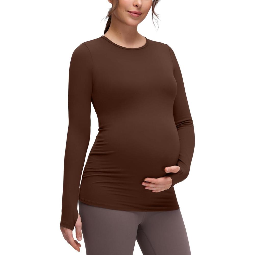 imageCRZ YOGA Womens Butterluxe Long Sleeve Maternity Tops Crewneck Pregnancy Basic Shirts Soft Athletic Yoga Casual Tee BlousesLava Brown