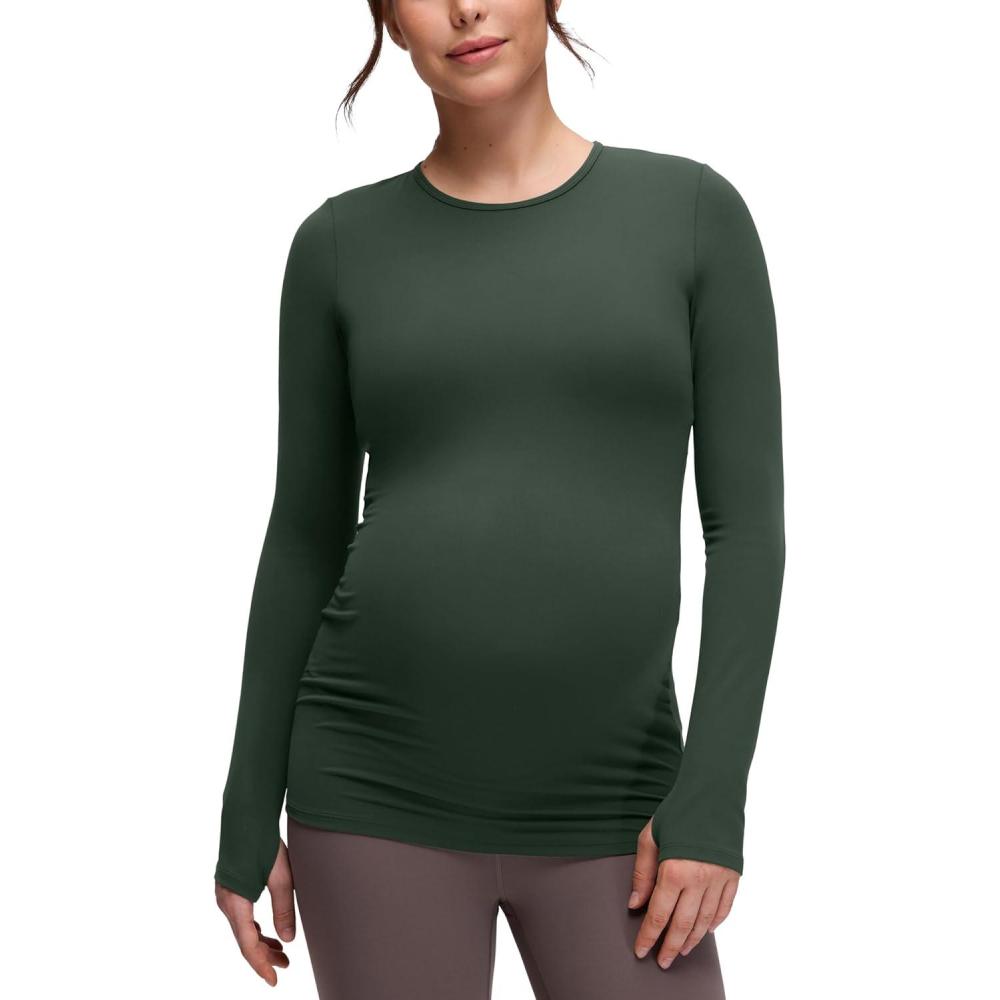 imageCRZ YOGA Womens Butterluxe Long Sleeve Maternity Tops Crewneck Pregnancy Basic Shirts Soft Athletic Yoga Casual Tee BlousesLegend Green
