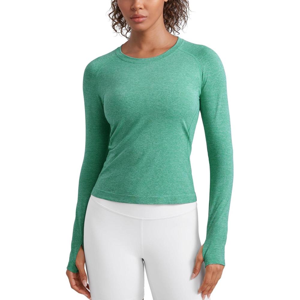 imageCRZ YOGA Womens Seamless Workout Long Sleeve Shirts Quick Dry Gym Athletic Tops Breathable Running Yoga TShirtsCascadia Green Heather