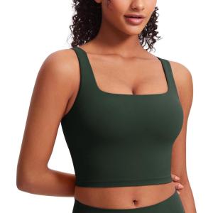 imageCRZ YOGA Butterluxe Womens Square Neck Longline Sports Bra  Workout Crop Tank Tops Padded Yoga Camisole with Built in PadsLegend Green