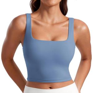 imageCRZ YOGA Butterluxe Womens Square Neck Longline Sports Bra  Workout Crop Tank Tops Padded Yoga Camisole with Built in PadsOasis Blue