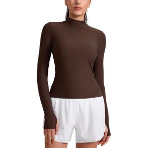 imageCRZ YOGA Cloudweight Mock Neck Tops for Women Lightweight Workout Long Sleeve Shirts Soft Athletic TShirt with Thumb HoleCoffee Brown