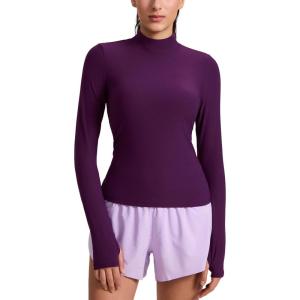 imageCRZ YOGA Cloudweight Mock Neck Tops for Women Lightweight Workout Long Sleeve Shirts Soft Athletic TShirt with Thumb HolePlum Magenta