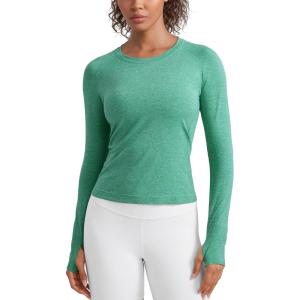 imageCRZ YOGA Womens Seamless Workout Long Sleeve Shirts Quick Dry Gym Athletic Tops Breathable Running Yoga TShirtsCascadia Green Heather