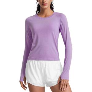 imageCRZ YOGA Womens Seamless Workout Long Sleeve Shirts Quick Dry Gym Athletic Tops Breathable Running Yoga TShirtsElfin Purple Heather