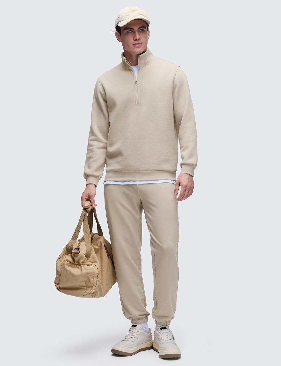 imageCRZ YOGA Fleece Lined Half Zip Sweatshirts for Men Mock Neck Pullover Sweat Shirts Casual Workout Daily SweatersMojave Tan