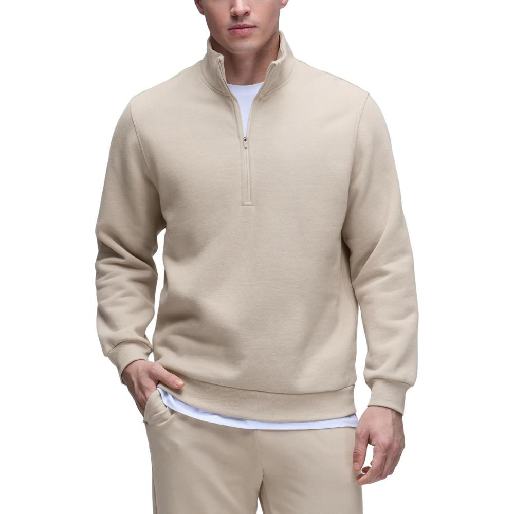 imageCRZ YOGA Fleece Lined Half Zip Sweatshirts for Men Mock Neck Pullover Sweat Shirts Casual Workout Daily SweatersMojave Tan