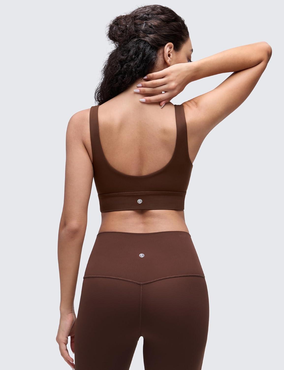 imageCRZ YOGA Butterluxe Womens U Back Sports Bra  Scoop Neck Padded Low Impact Yoga Clothes Workout Crop Top with Built in PadsLava Brown