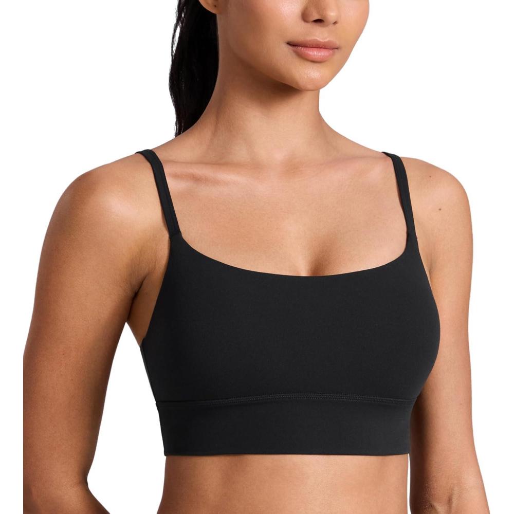imageCRZ YOGA Butterlift U Neck Longline Sports Bras for Women  Adjustable Spaghetti Strap Workout Crop Top Padded Cami TankBlack