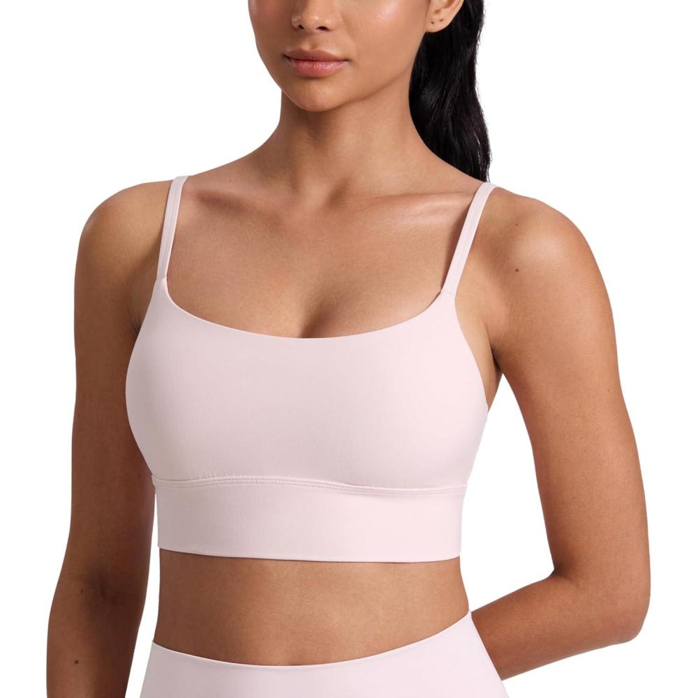 imageCRZ YOGA Butterlift U Neck Longline Sports Bras for Women  Adjustable Spaghetti Strap Workout Crop Top Padded Cami TankStrawberry Pink