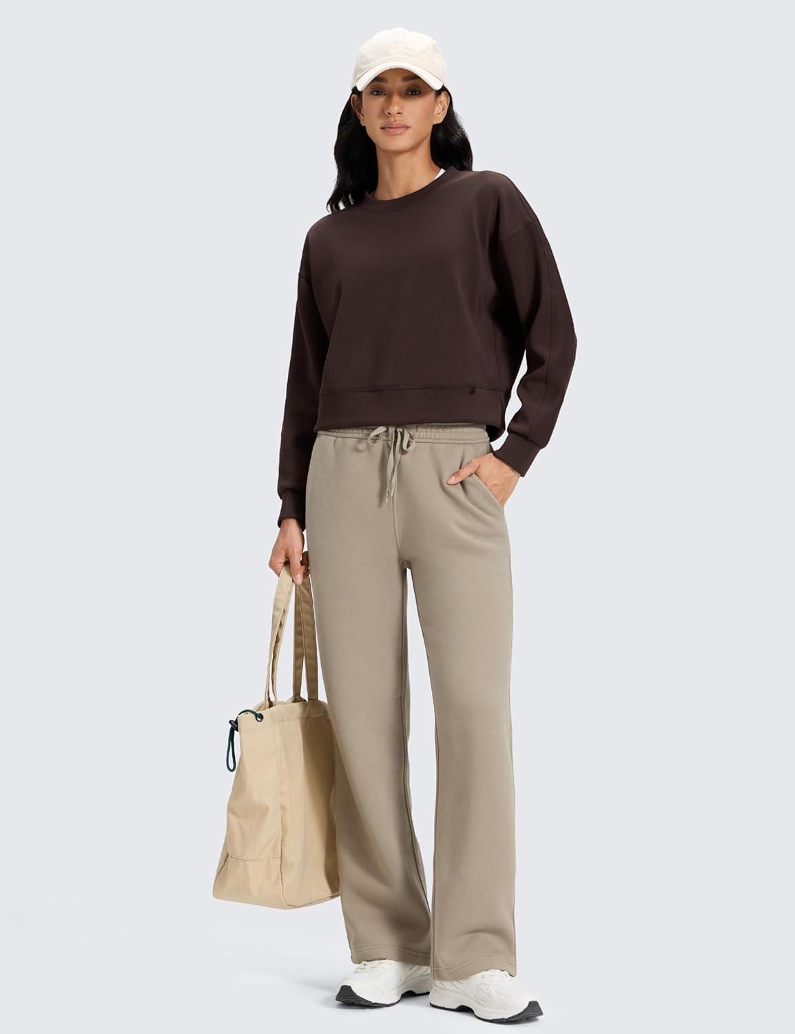 imageCRZ YOGA Cotton Fleece Lined Sweatpants Women 28quot30quot Straight Leg Casual Lounge Sweat Pants for WomenOak