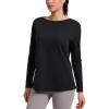 imageCRZ YOGA CottonBlend Long Sleeve Workout Tops for Women Boat Neck Soft Athletic Shirts Casual Going Out Fall TShirtsBlack