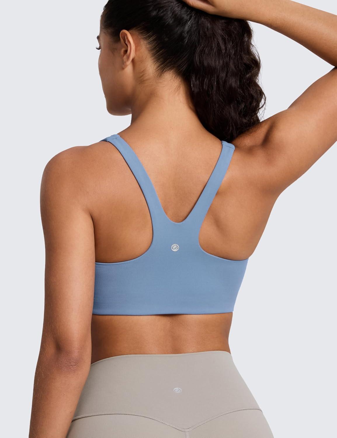 imageCRZ YOGA Butterlift Double Lined Square Neck Sports Bras for Women  Wireless VShaped Racerback Workout Yoga Top Non PaddedWashed Denim