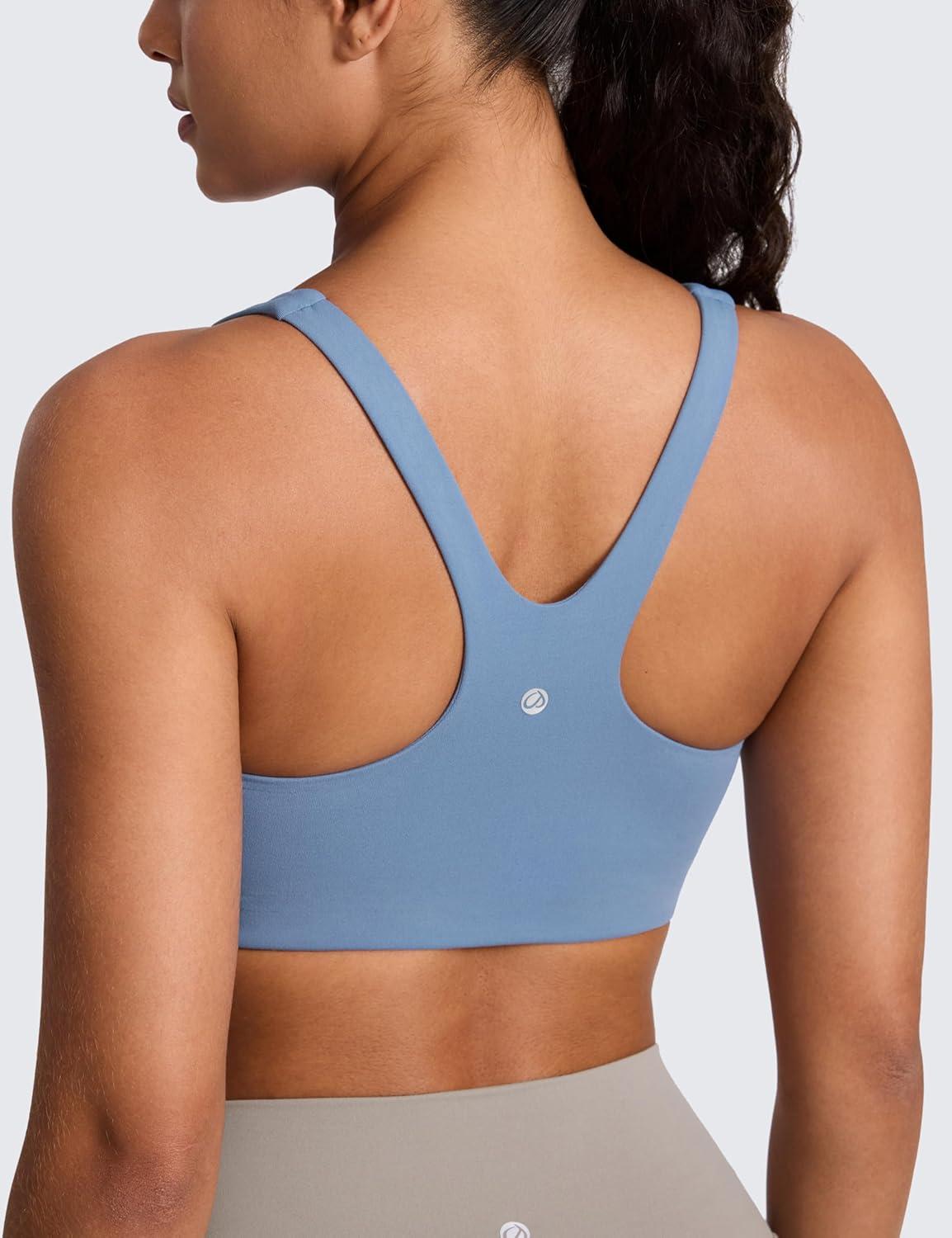 imageCRZ YOGA Butterlift Double Lined Square Neck Sports Bras for Women  Wireless VShaped Racerback Workout Yoga Top Non PaddedWashed Denim