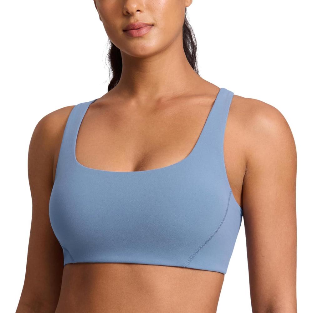 imageCRZ YOGA Butterlift Double Lined Square Neck Sports Bras for Women  Wireless VShaped Racerback Workout Yoga Top Non PaddedWashed Denim