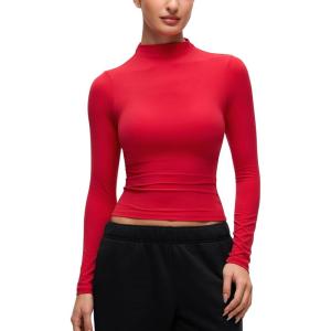 imageCRZ YOGA Softembrace Mock Neck Long Sleeve Tops for Women Soft Fitted Going Out Shirts Casual Comfort Layer TeesAurora Red