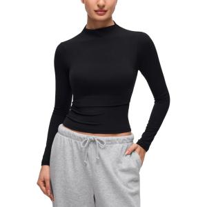 imageCRZ YOGA Softembrace Mock Neck Long Sleeve Tops for Women Soft Fitted Going Out Shirts Casual Comfort Layer TeesBlack