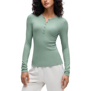 imageCRZ YOGA Ribbed Modal Casual Long Sleeve Henley Shirts for Women Soft Stretchy Knit Layering Basic Fitted Athletic TopsGreen Palm Court