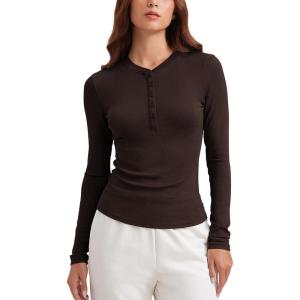 imageCRZ YOGA Ribbed Modal Casual Long Sleeve Henley Shirts for Women Soft Stretchy Knit Layering Basic Fitted Athletic TopsHot Fudge Brown