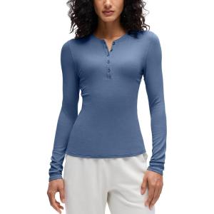 imageCRZ YOGA Ribbed Modal Casual Long Sleeve Henley Shirts for Women Soft Stretchy Knit Layering Basic Fitted Athletic TopsOasis Blue
