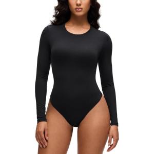 imageCRZ YOGA Softembrace Womens Basic Long Sleeve Crew Neck Bodysuits Casual Stretchy Fitted Thong Body Suits TopsBlack