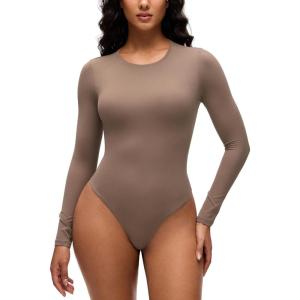 imageCRZ YOGA Softembrace Womens Basic Long Sleeve Crew Neck Bodysuits Casual Stretchy Fitted Thong Body Suits TopsBrown Purple