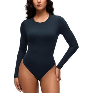 imageCRZ YOGA Softembrace Womens Basic Long Sleeve Crew Neck Bodysuits Casual Stretchy Fitted Thong Body Suits TopsTrue Navy