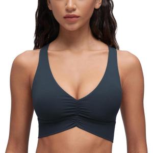 imageCRZ YOGA Womens Butterluxe Ruched Longline Sports Bras  V Neck Padded Yoga Tank Wide Straps Cross Back Crop TopsTrue Navy