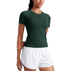 imageCRZ YOGA Seamless Short Sleeve Shirts for Women Breathable Running Workout Tops Athletic Gym Yoga Basic TShirtsLegend Green