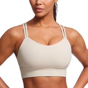 imageCRZ YOGA Softness Mold Butterluxe Strappy Sports Bras for Women  Double Spaghetti Strap Longline Workout Yoga Crop TopMojave Tan
