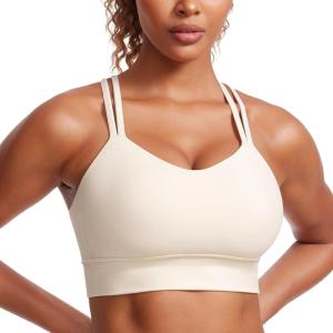 imageCRZ YOGA Softness Mold Butterluxe Strappy Sports Bras for Women  Double Spaghetti Strap Longline Workout Yoga Crop TopWhite Apricot