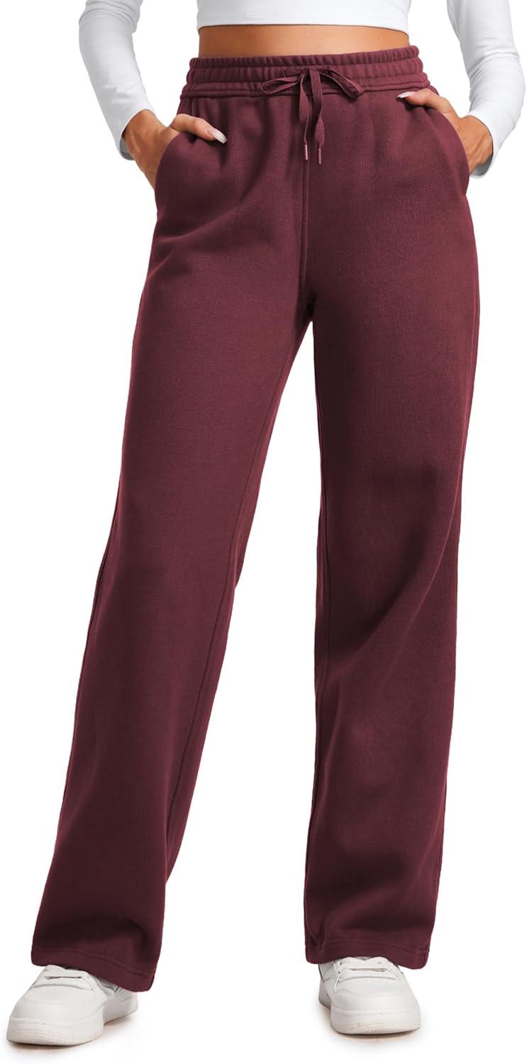 imageCRZ YOGA Cotton Fleece Lined Sweatpants Women 28quot30quot32quot  Straight Leg Casual Lounge Pants with Pockets Winter WarmDark Red