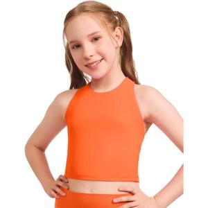 imageCRZ YOGA Girls Butterluxe Double Lined Crop High Neck Tank Tops  Dance Yoga Athletic Casual Racerback Tight Kids TeenNeon Orange