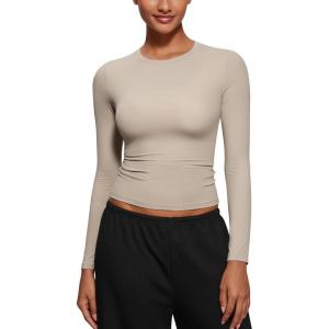 imageCRZ YOGA Softembrace Crewneck Long Sleeve Shirts for Women  Casual Going Out Tops Soft Basic Fitted Tight Fall TShirtsMojave Tan