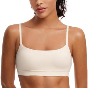 imageCRZ YOGA Butterluxe Adjustable Spaghetti Strap Sports Bras for Women  Scoop Neck Wireless Padded Yoga Workout Crop TopWhite Apricot