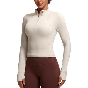 imageCRZ YOGA Butterluxe Half Zip Long Sleeve Shirts for Women  Workout Athletic Yoga Tops Crop Collared Quarter Zipper TShirtMojave Tan
