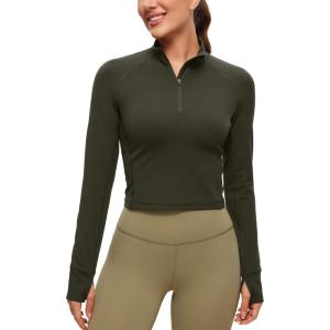 imageCRZ YOGA Butterluxe Half Zip Long Sleeve Shirts for Women  Workout Athletic Yoga Tops Crop Collared Quarter Zipper TShirtOlive Green