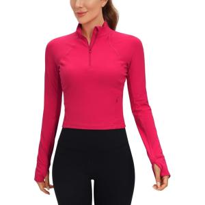 imageCRZ YOGA Butterluxe Half Zip Long Sleeve Shirts for Women  Workout Athletic Yoga Tops Crop Collared Quarter Zipper TShirtViva Magenta