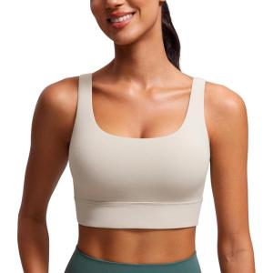 imageCRZ YOGA Butterluxe U Back Longline Sports Bras for Women  Scoop Neck Padded Yoga Workout Crop Top with Built in PadsMojave Tan