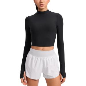imageCRZ YOGA Cloudweight Crop Mock Neck Shirts for Women  Workout Athletic Gym Long Sleeve Tops Soft TShirt with Thumb HoleBlack