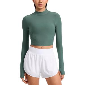 imageCRZ YOGA Cloudweight Crop Mock Neck Shirts for Women  Workout Athletic Gym Long Sleeve Tops Soft TShirt with Thumb HoleGraphite Green