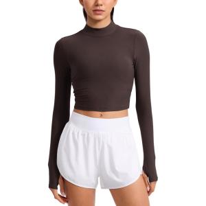 imageCRZ YOGA Cloudweight Crop Mock Neck Shirts for Women  Workout Athletic Gym Long Sleeve Tops Soft TShirt with Thumb HoleHot Fudge Brown