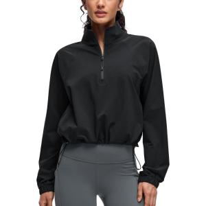 imageCRZ YOGA Drawstring Bottom Workout Jackets for Women  Half Zip Pullover Cropped Workout Outdoor Tops with PocketsBlack