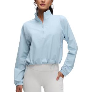 imageCRZ YOGA Drawstring Bottom Workout Jackets for Women  Half Zip Pullover Cropped Workout Outdoor Tops with PocketsBlue Linen