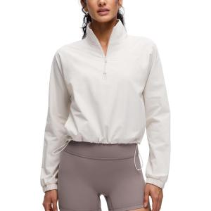 imageCRZ YOGA Drawstring Bottom Workout Jackets for Women  Half Zip Pullover Cropped Workout Outdoor Tops with PocketsMilky White