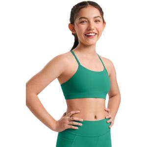 imageCRZ YOGA Girls Butterluxe Y Back Sports Bra  Yoga Athletic Casual Tops Scoop Neck Spaghetti Strap Padded Crop Kids TeenCascadia Green