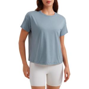 imageCRZ YOGA Pima Cotton Relaxed TShirts for Women  Workout Athletic Gym Casual Short Sleeve Shirts Basic Crewneck Hip TopsBelgian Blue